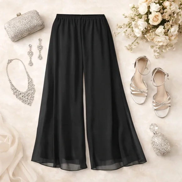 Alex Evenings | Black Chiffon Wide Leg Evening Pants | Elastic Waist | Size M - Picture 1 of 5